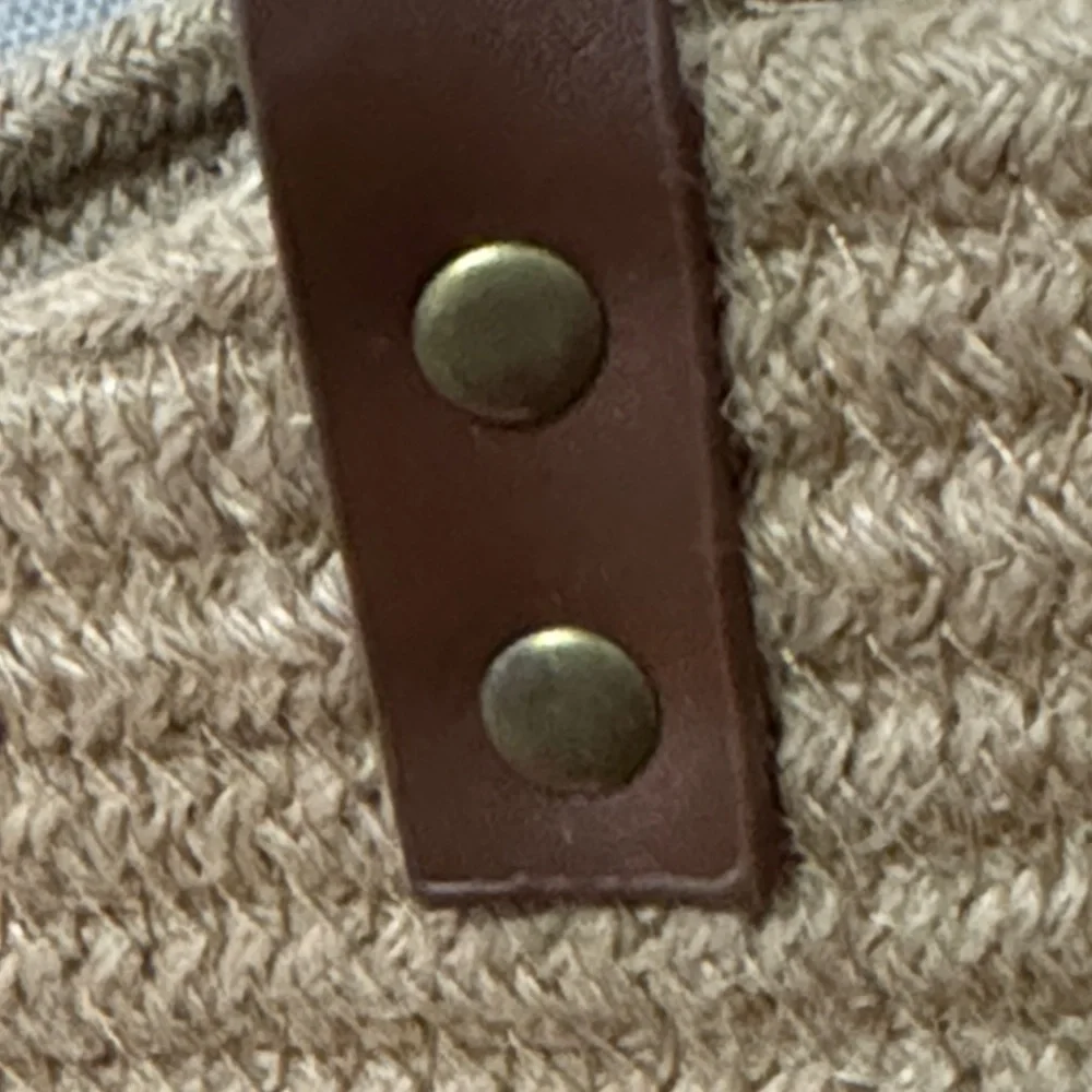 Woven Natural Fiber Coil Style Basket-Brown Faux Leather Hanging Loop-EUC
